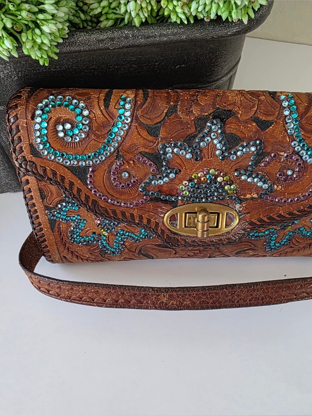 Vintage Roth & Madge Swarovski Crystal Tooled Leather Mini Bag Wristlet - Picture 5 of 17